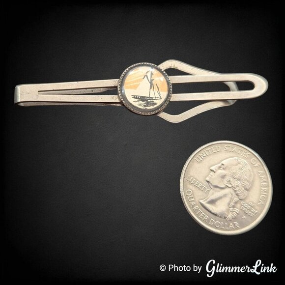 Vintage Hand Painted Sailboat Nautical Silver Tone Tie Bar Clip - Picture 5 of 9